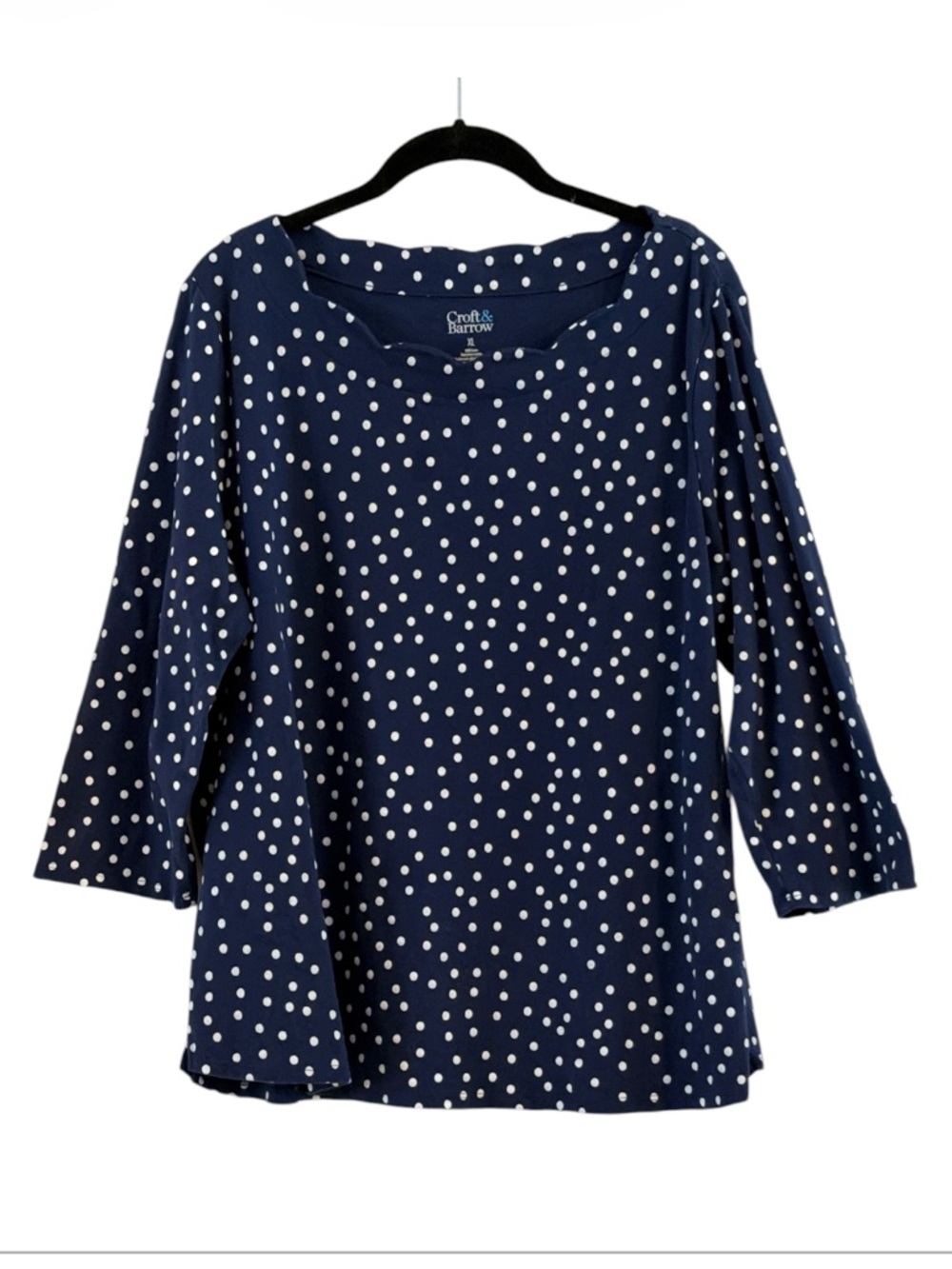 Craft & Barrow Navy Blue & White Polka Dot Scalloped Neck Top  Sixe XL